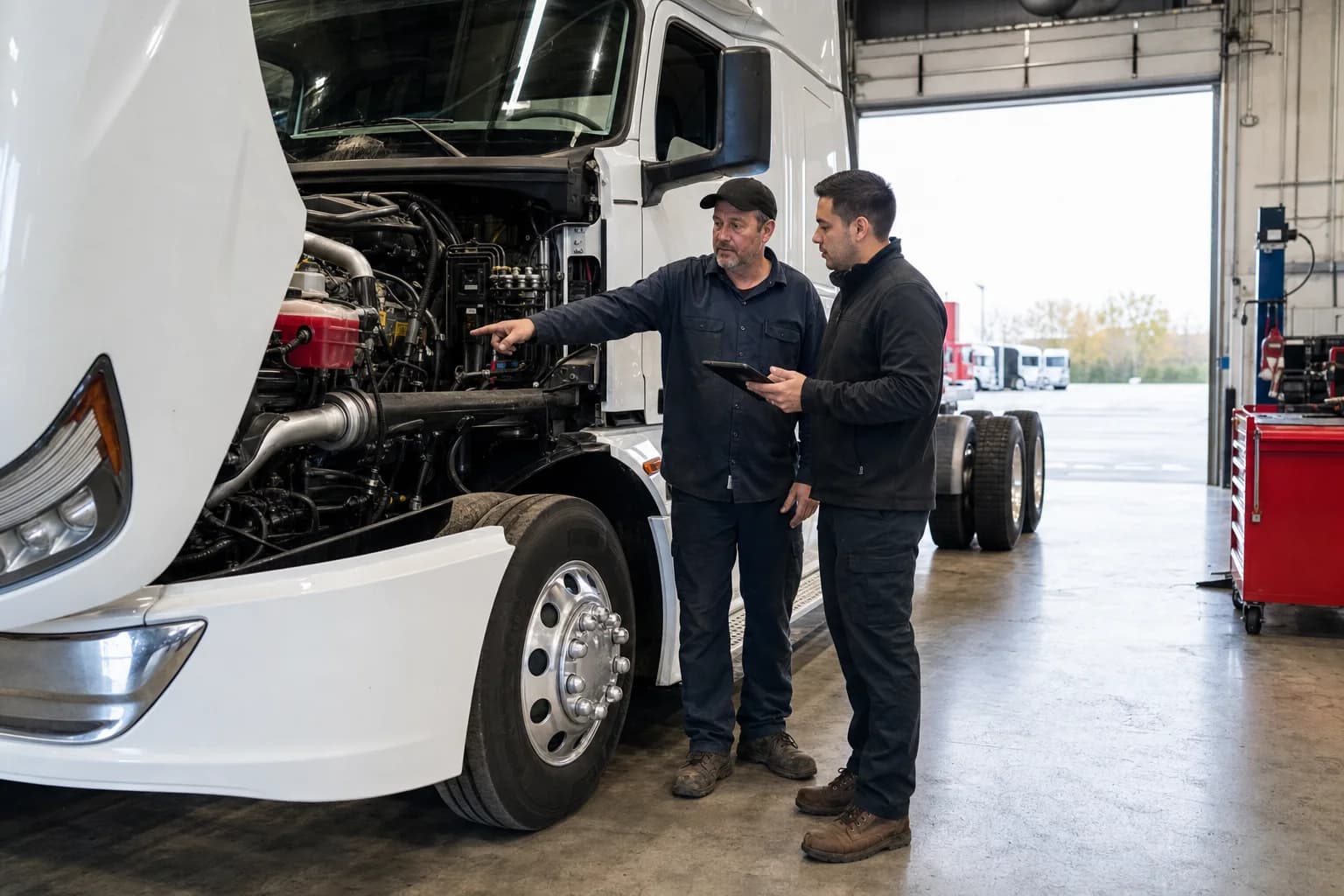 Vitran Express Sales Fargo technician and buyer inspecting a truck engine